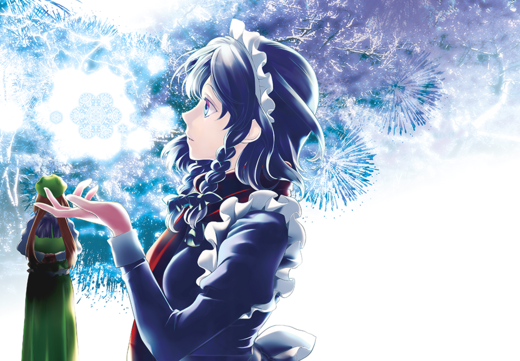 2girls blue_eyes braid cover_image from_behind from_side hong_meiling izayoi_sakuya long_sleeves looking_up multiple_girls outstretched_hand primary_stage profile red_scarf scarf short_hair silver_hair snowflakes touhou twin_braids