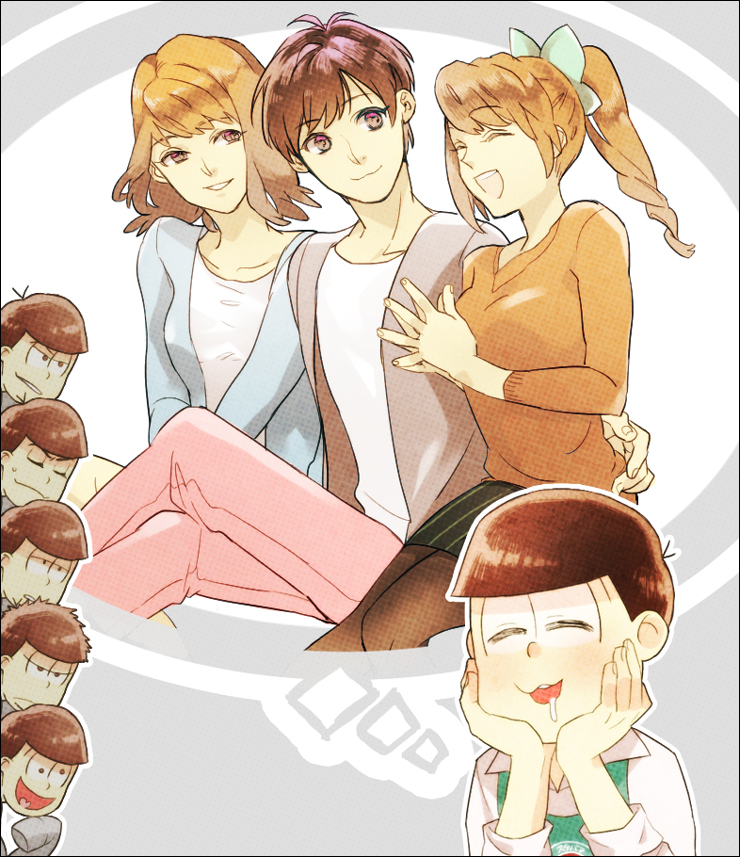 2girls 6+boys aida_(osomatsu-san) arm_around_waist barista bowl_cut brothers brown_eyes brown_hair casual closed_eyes drooling long_sleeves matsuno_choromatsu matsuno_ichimatsu matsuno_juushimatsu matsuno_karamatsu matsuno_osomatsu matsuno_todomatsu messy_hair multiple_boys multiple_girls osomatsu-kun osomatsu-san ponytail sachiko_(osomatsu-san) sextuplets short_hair siblings sitting skirt sleeves_past_wrists smile t-r-g thought_bubble v-neck wall-eyed