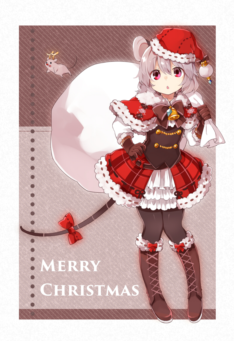 1girl akagashi_hagane animal_ears antlers bag black_legwear boots brown_gloves capelet chestnut_mouth cross-laced_footwear gloves grey_hair hat long_sleeves merry_christmas mouse mouse_ears mouse_tail nazrin open_mouth pantyhose pink_eyes reindeer_antlers santa_costume santa_hat shirt skirt solo tail touhou