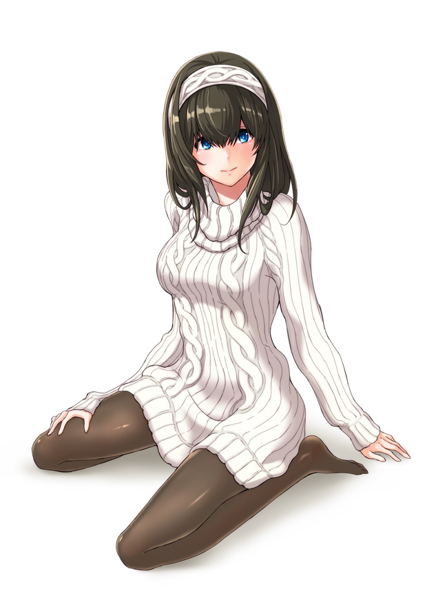 1girl aran_sweater black_hair blue_eyes blush breasts dress hairband idolmaster idolmaster_cinderella_girls kaoru348 long_hair pantyhose sagisawa_fumika sitting solo sweater sweater_dress turtleneck wariza white_background