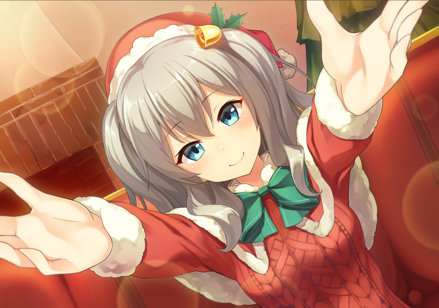 1girl aran_sweater bell blue_eyes blush capelet christmas_tree dutch_angle fur_trim hair_bell hair_ornament hat kantai_collection kashima_(kantai_collection) outstretched_arms reaching_out santa_hat shinonome_haru short_twintails silver_hair smile solo sweater