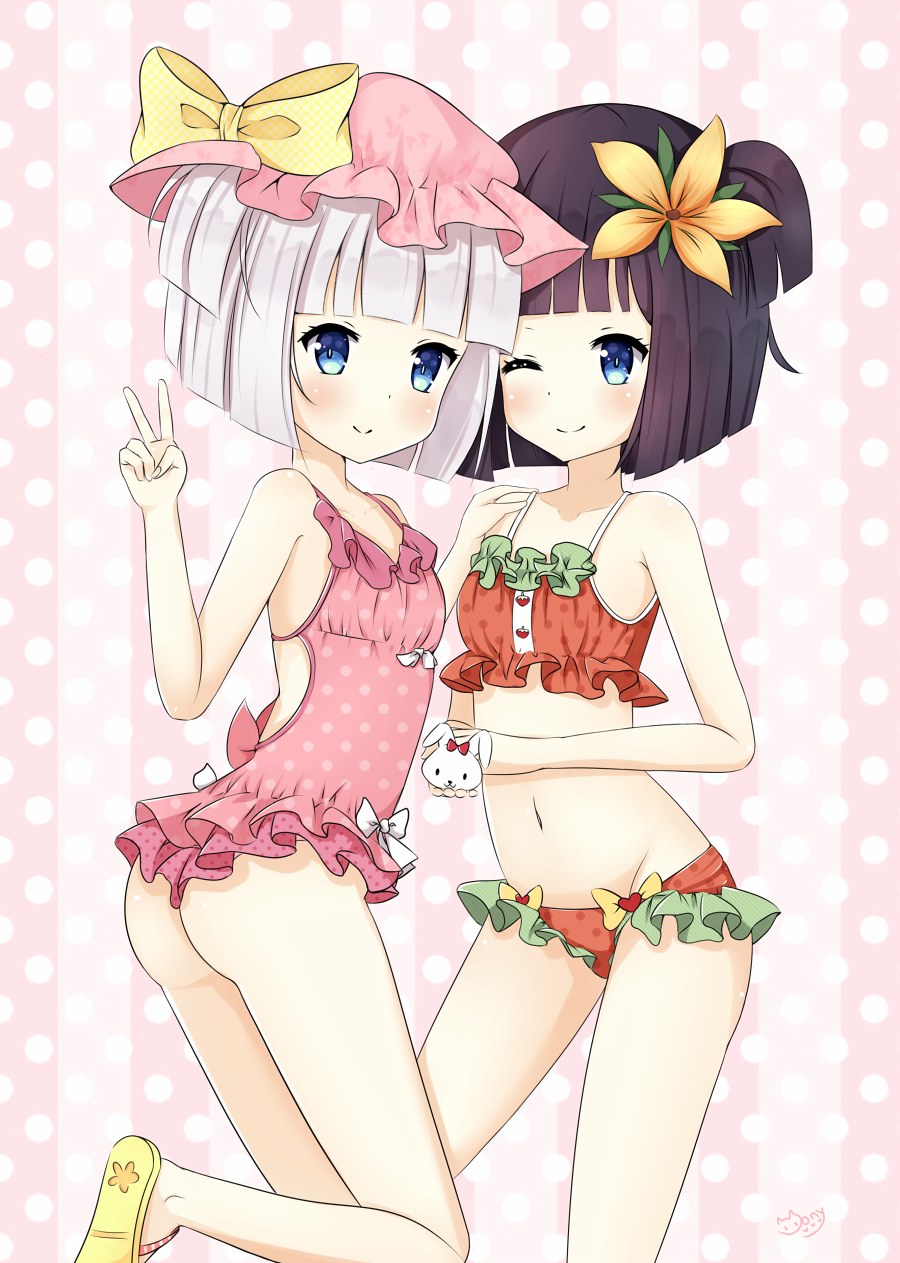 2girls ahoge ass bangs black_hair blinking blue_eyes blunt_bangs blush bow creative_commons floral_print flower frilled_panties frilled_swimsuit frills hair_flower hair_ornament hand_on_another's_shoulder highres holding_animal leg_up looking_at_viewer looking_back mony multiple_girls original panties pink_background pink_swimsuit polka_dot polka_dot_background polka_dot_swimsuit rabbit red_bow red_swimsuit short_hair short_twintails slippers smile strawberry_print suri swimsuit twintails underwear v white_bow white_hair yellow_bow yuri_(character)