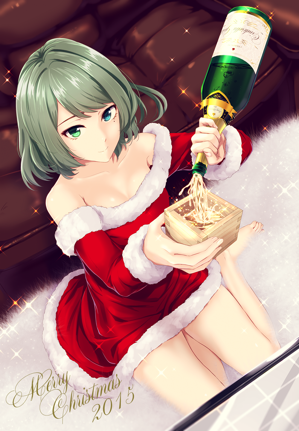 1girl alcohol bare_shoulders barefoot blue_eyes breasts brown_hair christmas green_eyes heterochromia highres idolmaster idolmaster_cinderella_girls infinote looking_at_viewer masu mole sake santa_costume short_hair smile solo takagaki_kaede wine_bottle