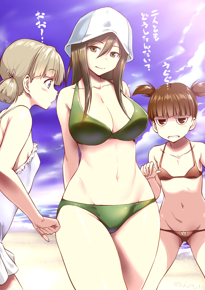 3girls aki_(girls_und_panzer) arms_behind_back bangs beach bikini blunt_bangs blush bow_bikini breast_envy breasts brown_eyes brown_hair cleavage clenched_teeth clouds flat_chest girls_und_panzer green_bikini groin hair_between_eyes hair_ribbon hat inu_(aerodog) japanese large_breasts long_hair looking_at_another looking_at_viewer mika_(girls_und_panzer) mikko_(girls_und_panzer) multiple_girls navel ocean one-piece_swimsuit outdoors red_bikini red_eyes ribbon sky smile standing swimsuit text translation_request twintails white_swimsuit