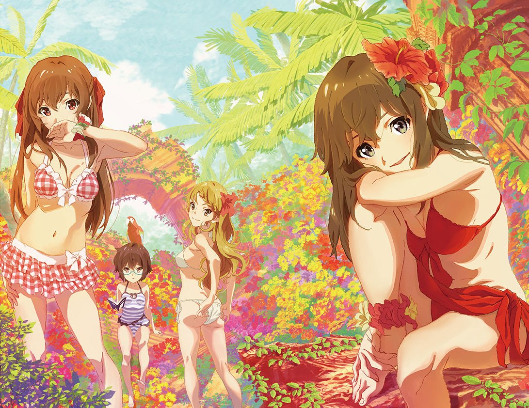 4girls adjusting_clothes adjusting_swimsuit ass bikini bird blonde_hair blue_eyes book brown_hair chikaoka_sunao flower frills glasses hair_flower hair_ornament hair_ribbon hand_on_own_face hibiscus holding holding_book long_hair looking_at_viewer multiple_girls official_art ooishi_hina parrot red_eyes ribbon sarong shimada_mayu short_hair swimsuit tateishi_aoka wake_up_girls! wake_up_girls!_stage_no_tenshi yellow_eyes