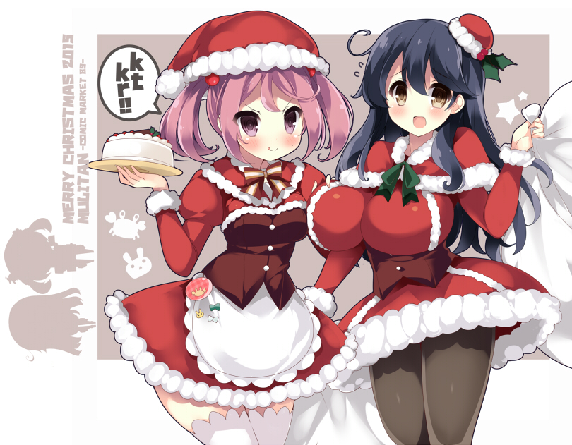&gt;:p 2girls :d :x ahoge akikaze_tsumuji apron asymmetrical_docking badge bag black_legwear blue_hair blush breast_press breasts cake capelet christmas commentary_request corset covering covering_breasts crab dress flying_sweatdrops food fur hair_between_eyes hair_bobbles hair_ornament hat holding_bag holly huge_breasts kantai_collection long_hair long_sleeves looking_at_viewer merry_christmas mini_hat multiple_girls neck_ribbon open_mouth pantyhose pink_eyes pink_hair puffy_long_sleeves puffy_sleeves rabbit red_dress ribbon sack santa_costume santa_hat sazanami_(kantai_collection) short_hair silhouette skirt smile star thigh-highs tray twintails ushio_(kantai_collection) waist_apron white_legwear