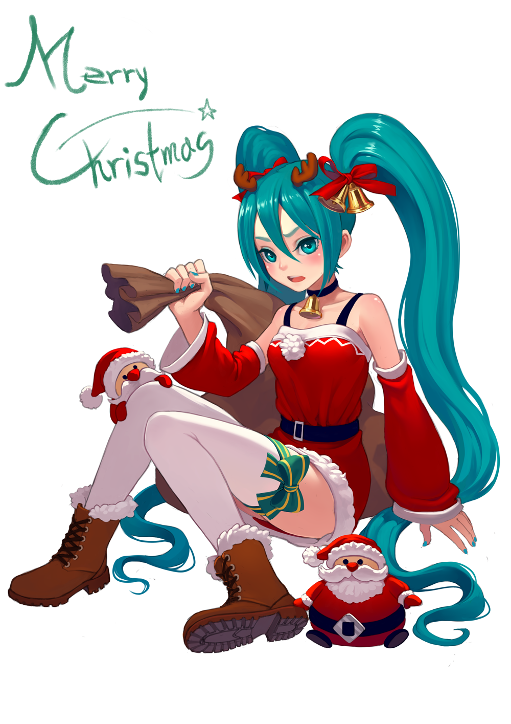 1girl adapted_costume antlers aqua_eyes aqua_hair bag bare_shoulders bell bell_collar belt boots bow collar detached_sleeves doll dress fkey hair_bell hair_ornament hatsune_miku highres long_hair long_sleeves merry_christmas multiple_girls open_mouth red_dress reindeer_antlers santa_claus santa_costume short_dress sitting solo thigh-highs thighs twintails very_long_hair vocaloid white_legwear wide_sleeves zettai_ryouiki