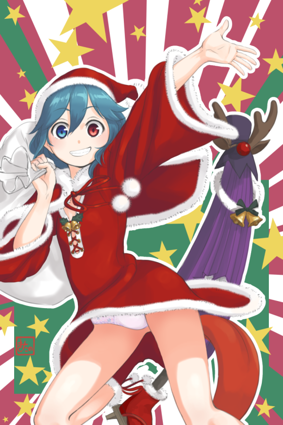 1girl alternate_costume blue_eyes blue_hair blush christmas hat heterochromia karakasa_obake kitano_(kitanosnowwhite) looking_at_viewer panties pantyshot red_eyes sack santa_costume santa_hat short_hair smile solo tatara_kogasa touhou umbrella underwear white_panties wide_sleeves