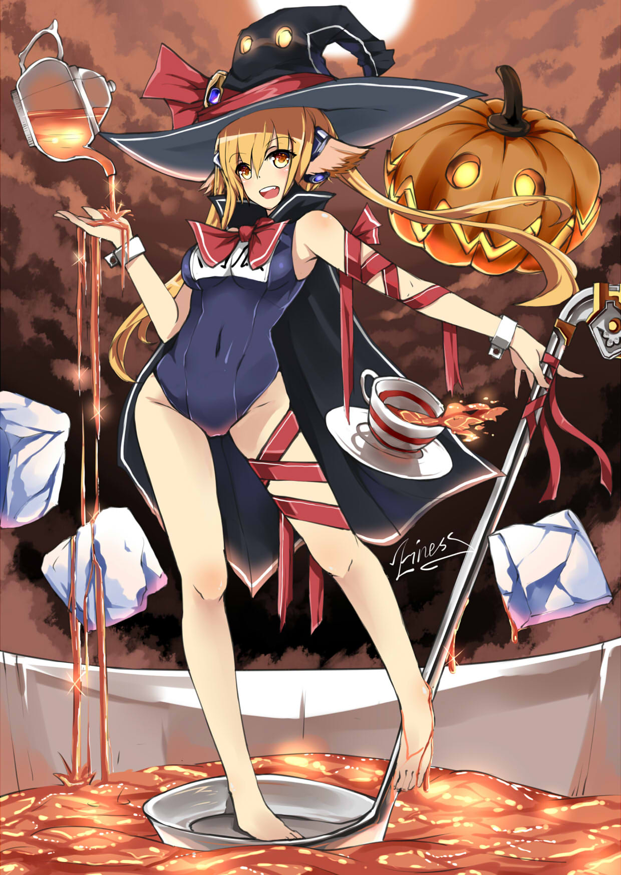 1girl artist_name blonde_hair cloak clouds contrapposto cup einess female halloween hat heart heart-shaped_pupils highres jack-o'-lantern ladle moon original oversized_object ribbon school_swimsuit sky solo standing_on_one_leg sugar_cube swimsuit symbol-shaped_pupils tea teacup teapot wet witch_hat wrist_cuffs yellow_eyes