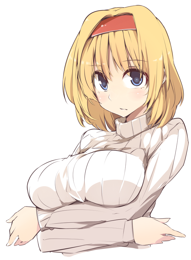 1girl :/ alice_margatroid blonde_hair blue_eyes blush breast_hold breasts hairband kamukamu_(ars) large_breasts looking_at_viewer ribbed_sweater sagging_breasts short_hair shy solo sweater touhou turtleneck