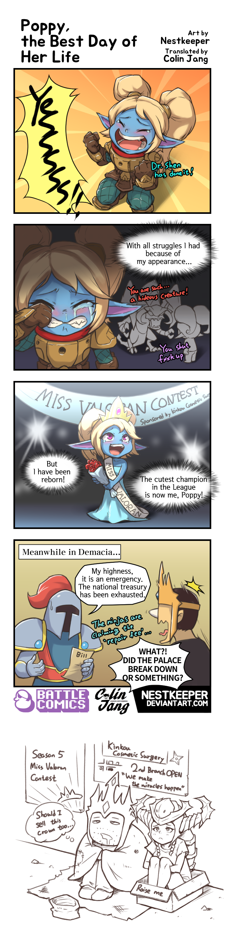 absurdres armor blue_skin bouquet box cho'gath comic dress engrish evening_gown flower helmet highres jarvan_lightshield_iv league_of_legends long_hair long_image multiple_boys multiple_girls nestkeeper pointy_ears poppy poverty ranguage rose shyvana tall_image tears tiara twintails weapon white_hair yordle
