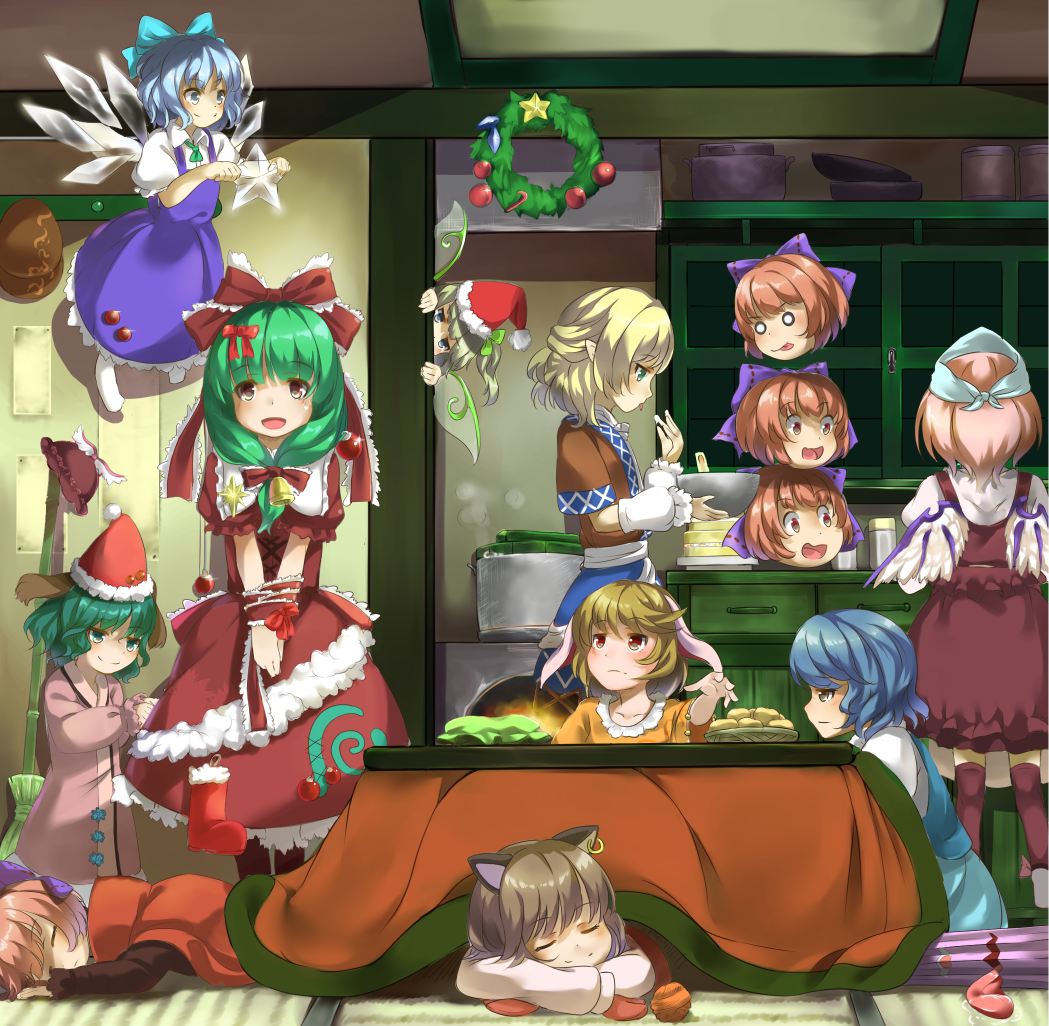 6+girls :d animal_ears bell blonde_hair blue_hair bow brown_hair cake cat_ears chen cirno closed_eyes daiyousei disembodied_head dress earrings food frilled_ribbon green_eyes green_hair hair_bow hair_ribbon hat jewelry kagiyama_hina kasodani_kyouko kneeling kotatsu mizuhashi_parsee mob_cap multiple_girls mystia_lorelei open_mouth peeking_out pink_hair piyodesu purple_bow red_eyes red_ribbon ribbon ringo_(touhou) santa_hat seiran_(touhou) sekibanki short_hair sleeping smile socks table tatara_kogasa touhou white_legwear white_ribbon wings wreath yarn