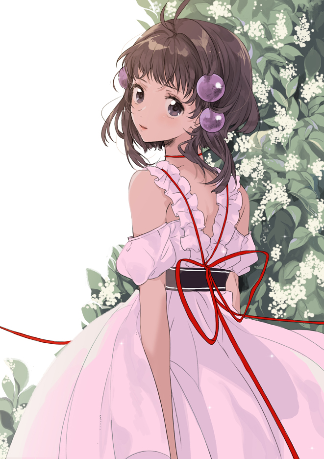 1girl antenna_hair arms_at_sides back bangs blunt_bangs brown_eyes brown_hair choker detached_sleeves dress flower fly_333 frills from_behind hair_ornament looking_back pink_dress reala red_ribbon ribbon short_hair solo tales_of_(series) tales_of_destiny_2