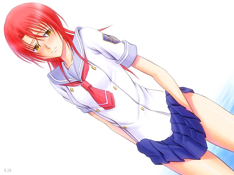 1girl blue_skirt bonnie_(rsg) hino_kahoko la_corda_d'oro long_hair pleated_skirt redhead school_uniform skirt solo white_background yellow_eyes