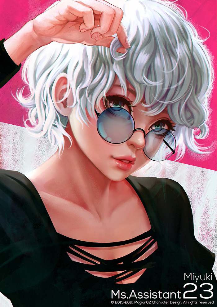 1girl 2015 2016 artist_name black-framed_eyewear black_shirt blue_eyes character_name copyright_name eyelashes fingernails glasses lips long looking_at_viewer magion02 ms.assistant nose original parted_lips pink_background pink_lips round_glasses shirt short_hair signature solo teeth two-tone_background white_background white_hair