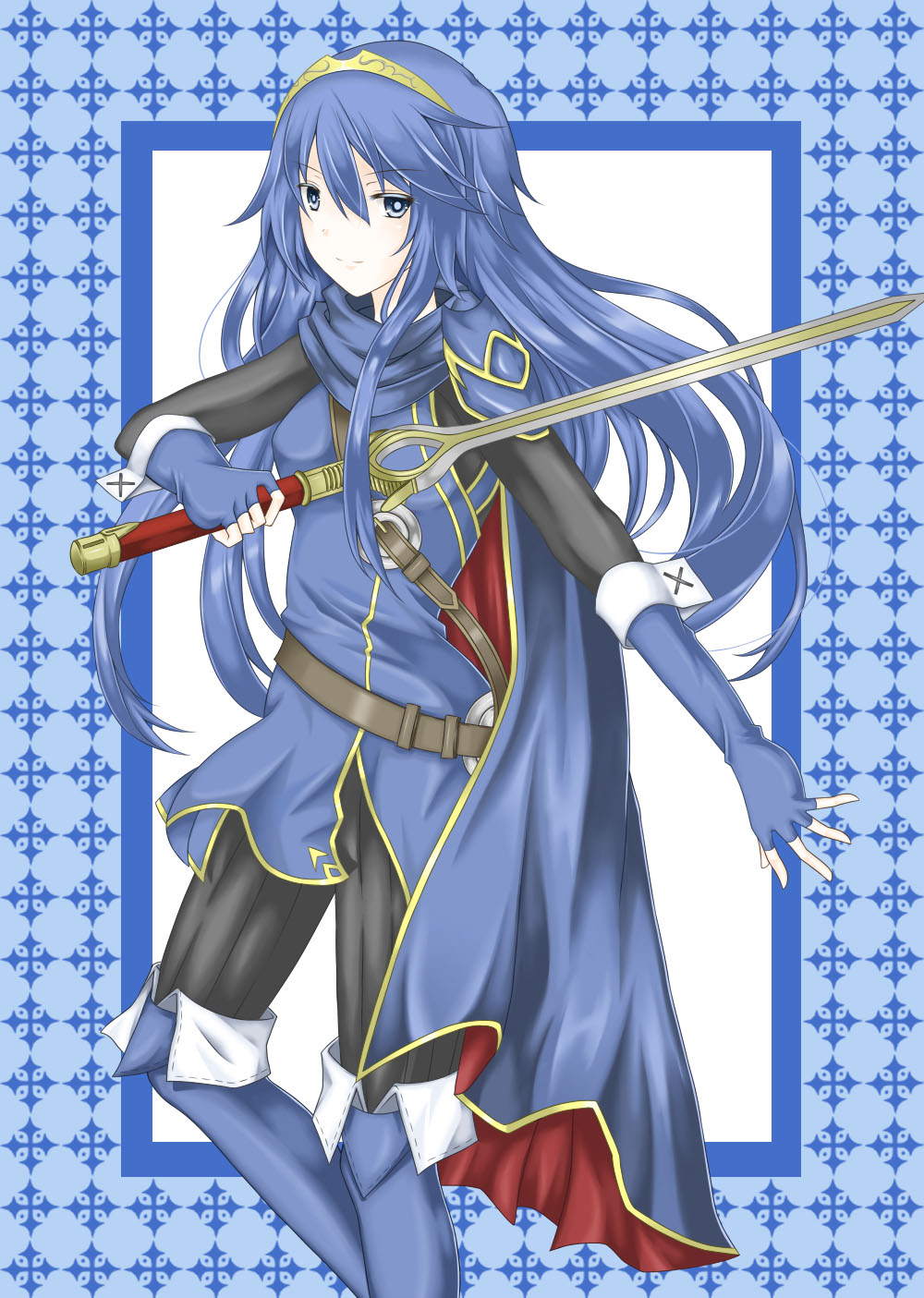 1girl blue_eyes blue_gloves blue_hair fingerless_gloves fire_emblem fire_emblem:_kakusei gloves highres holding_sword holding_weapon kei_(asufend) long_hair looking_at_viewer lucina solo sword weapon