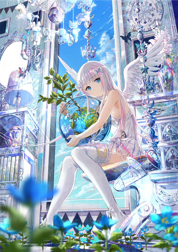 angel angel_wings bare_arms bare_shoulders blue_eyes blue_sky clouds dress earth flower fuji_choko hair_ribbon lamp long_hair looking_at_viewer original ribbon short_dress silcoon sitting sky sleeveless sleeveless_dress smile thigh-highs thighs very_long_hair white_dress white_legwear wings