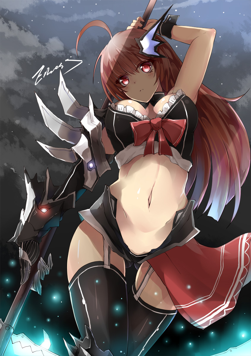 1girl ahoge artist_name bow breasts bustier cleavage einess elbow_gloves frills garter_straps gloves highres long_hair looking_at_viewer midriff navel original red_eyes redhead scythe single_glove solo thigh-highs weapon wrist_cuffs