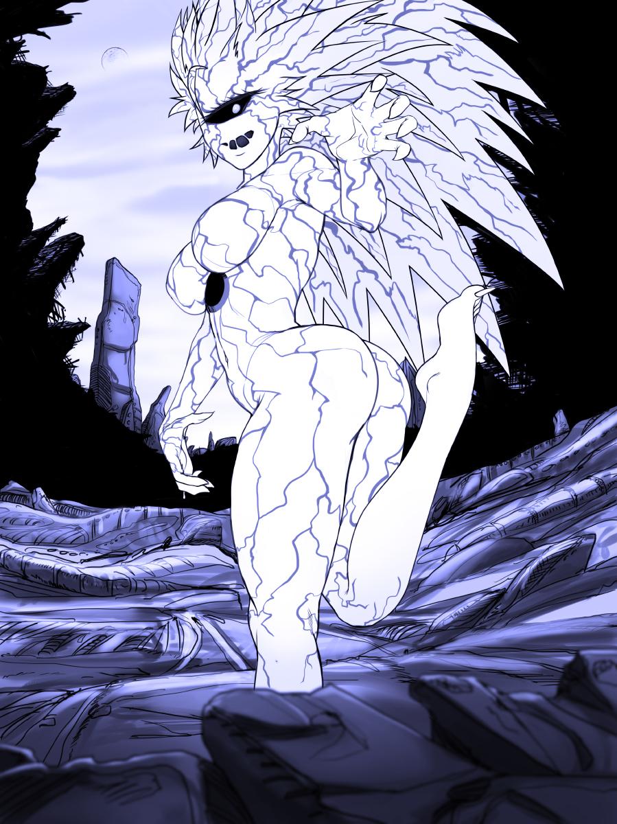 1girl alien ass black_sclera blue breasts cyclops genderswap highres long_hair lord_boros monochrome navel no_nipples nude one-eyed onepunch_man solo spiky_hair standing_on_one_leg the_golden_smurf very_long_hair