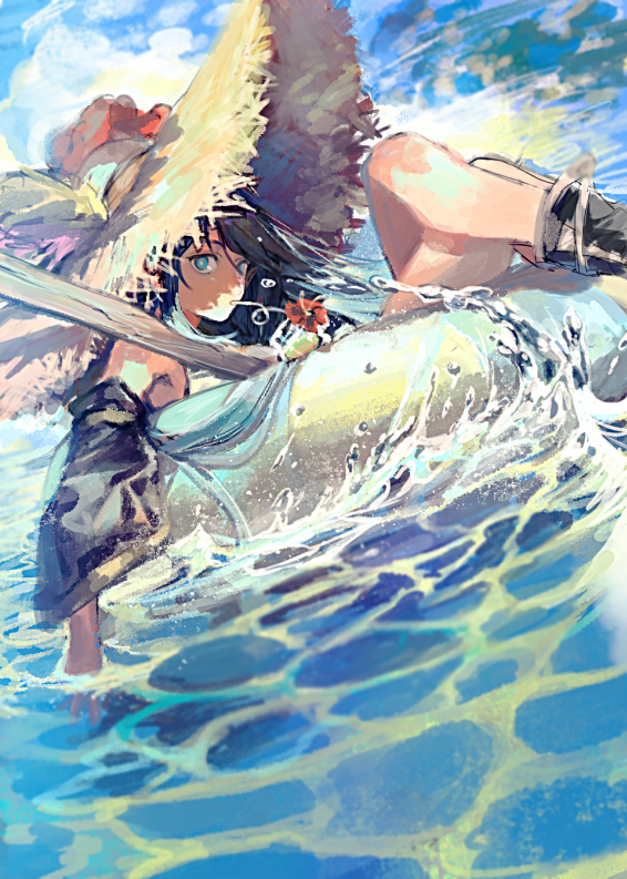 1girl bangs black_hair blue_eyes clouds copyright_request detached_sleeves drinking_straw dutch_angle flower hat long_hair looking_at_viewer momo_alto mouth_hold ocean outdoors sketch sky solo straw_hat swept_bangs waves