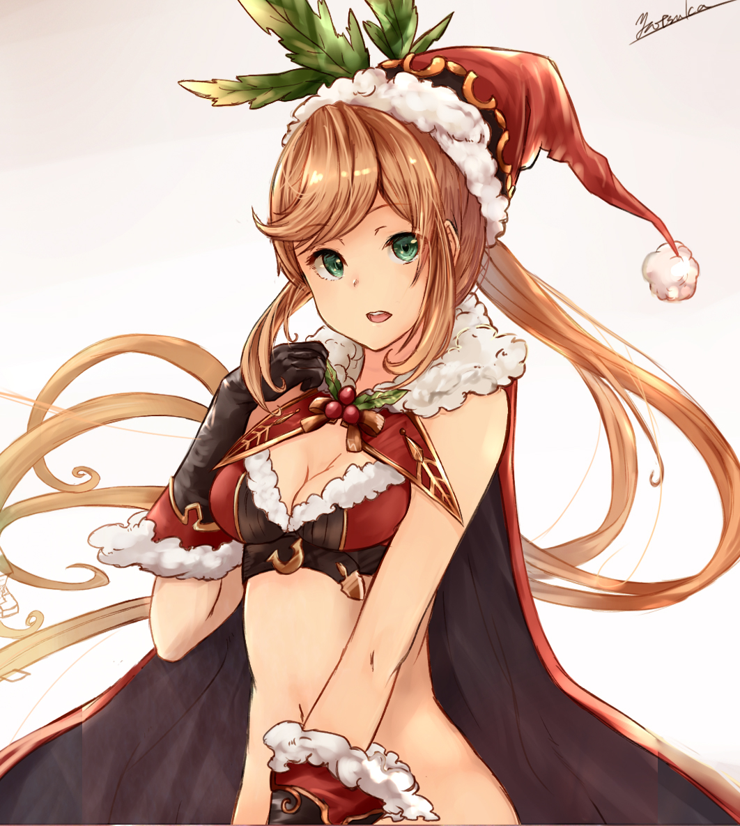 1girl black_gloves blonde_hair breasts cape clarisse_(granblue_fantasy) fur_trim gloves granblue_fantasy green_eyes hat long_hair looking_at_viewer navel open_mouth ponytail santa_costume santa_hat smile solo upper_body yatsuka_(846)