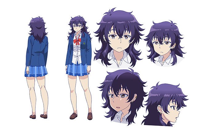 1girl black_hair character_request character_sheet ear_piercing earrings expressions full_body hair_between_eyes half-closed_eyes jewelry loafers long_hair messy_hair piercing plaid plaid_skirt pleated_skirt shoes skirt slouching small_breasts solo suzuki_ken'ya