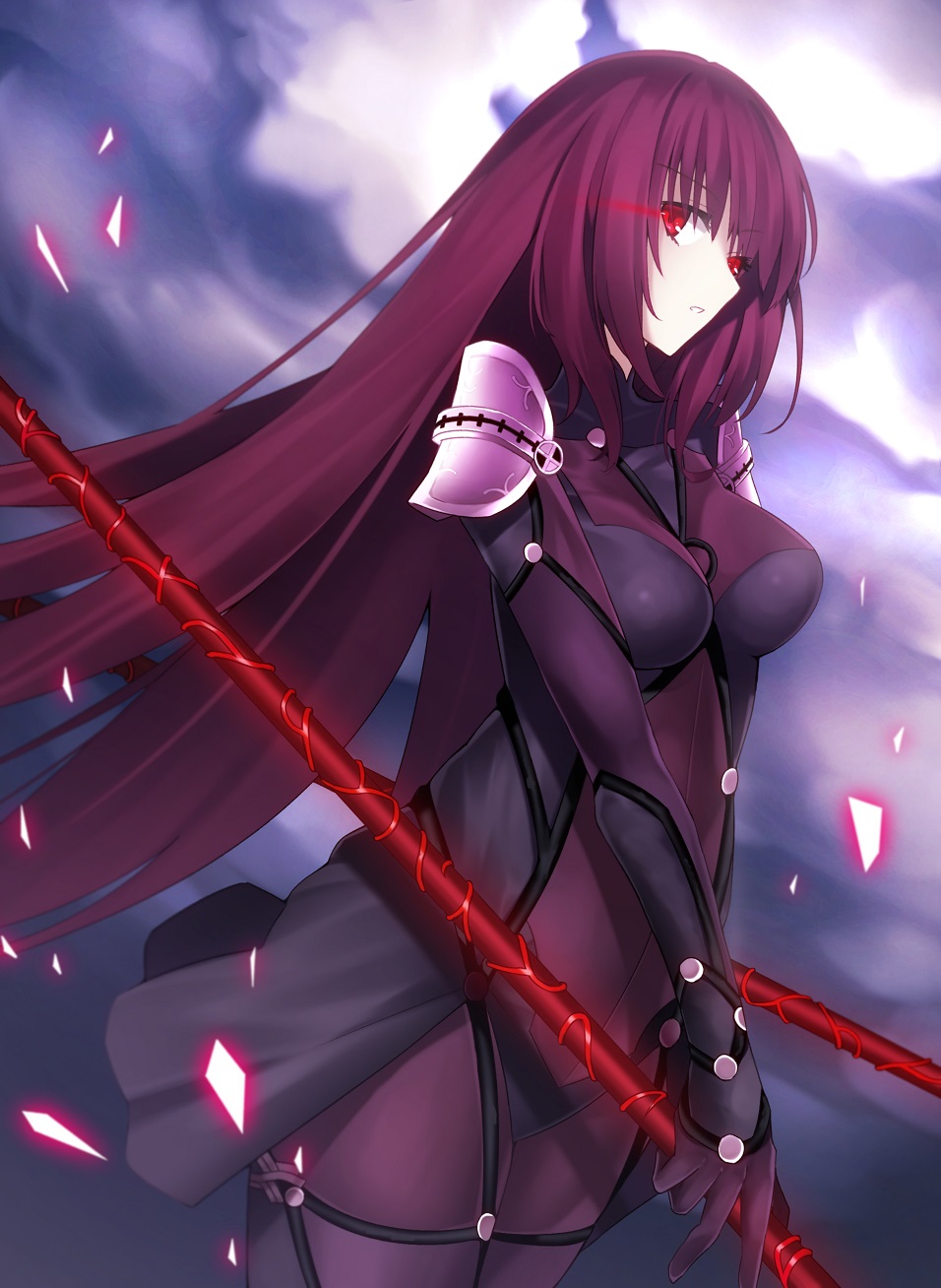 1girl bodysuit breasts clouds cloudy_sky dual_wielding fate/grand_order fate/stay_night fate_(series) highres large_breasts light_trail long_hair looking_at_viewer minamina polearm red_eyes scathach_(fate/grand_order) sky solo spear very_long_hair violet_eyes weapon