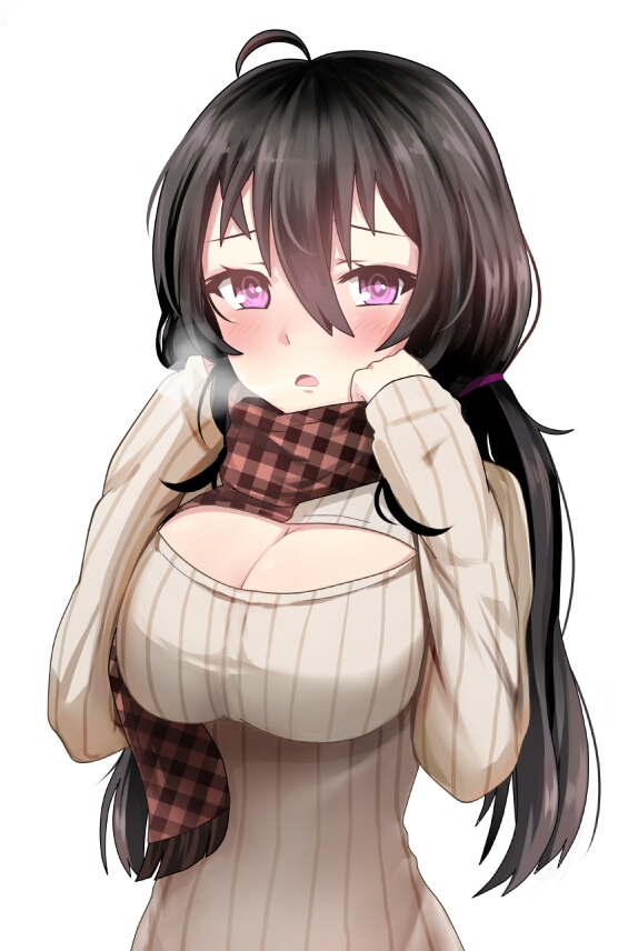 1girl ahoge antenna_hair beifeng_han blush breasts breathing cleavage_cutout hair_between_eyes large_breasts long_hair loose_socks miyaura_sanshio open-chest_sweater original parted_lips plaid plaid_scarf scarf socks solo sweater twintails