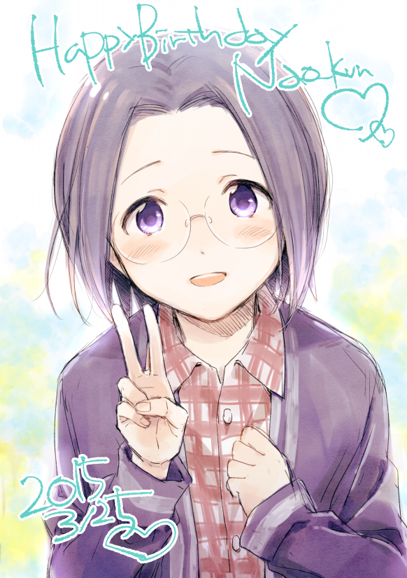 1boy black_hair blush dated happy_birthday idolmaster idolmaster_side-m male_focus nogoodlife okamura_nao open_mouth shirt short_hair smile solo sweater v violet_eyes