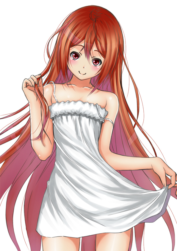 1girl aihara_enju black_bullet dress long_hair looking_at_viewer muffin_(sirumeria) red_eyes redhead simple_background smile solo very_long_hair white_background white_dress