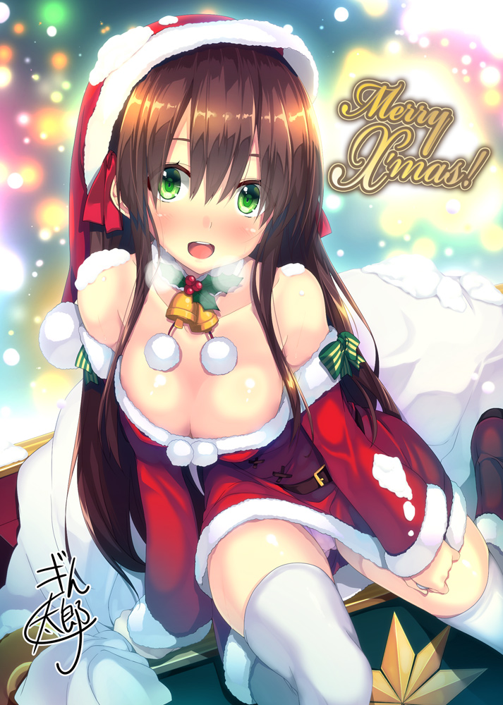 1girl :d artist_request ass_visible_through_thighs bare_shoulders blush boots breasts breath brown_hair cleavage dress dress_tug fur-lined_boots fur_trim hat long_hair looking_at_viewer merry_christmas open_mouth panties pantyshot pink_panties red_dress sack santa_hat sidelocks smile snowing solo thigh-highs underwear white_legwear