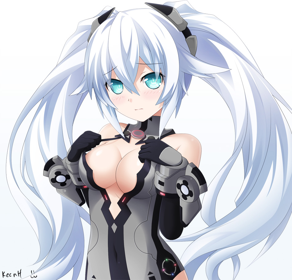 1girl =3 aqua_eyes artist_name bare_shoulders black_heart blush breasts cleavage gloves keenh long_hair looking_at_viewer neptune_(series) noire solo symbol-shaped_pupils twintails very_long_hair white_hair