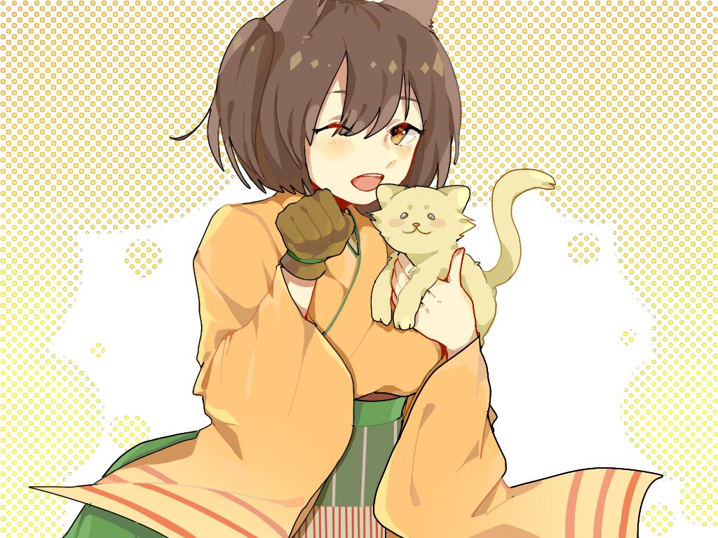 1girl akagan breasts brown_eyes brown_hair cat hiryuu_(kantai_collection) japanese_clothes kantai_collection kitten one_eye_closed one_side_up open_mouth paw_pose short_hair side_ponytail single_glove smile solo yugake