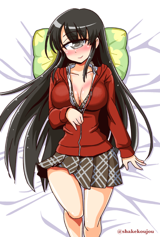 1girl ai_(monster_musume) black_hair blush breasts cleavage cyclops grey_eyes long_hair looking_at_viewer lying monster_musume_no_iru_nichijou on_back on_bed one-eyed pillow shake-o skirt smile solo twitter_username unzipping very_long_hair