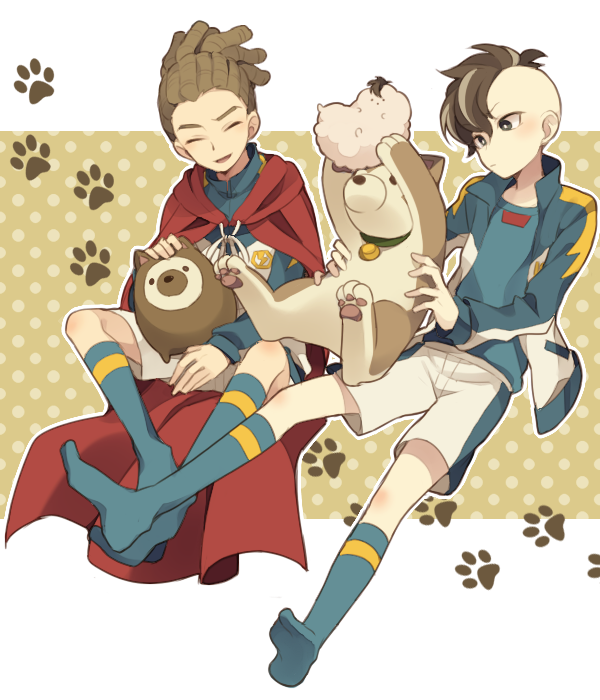 2boys brown_hair cape fudou_akio hairlocs inazuma_eleven inazuma_eleven_(series) inazuma_japan jacket kidou_yuuto male_focus multiple_boys no_shoes open_clothes open_jacket paw_print saku_anna short_hair soccer_uniform socks sportswear track_jacket