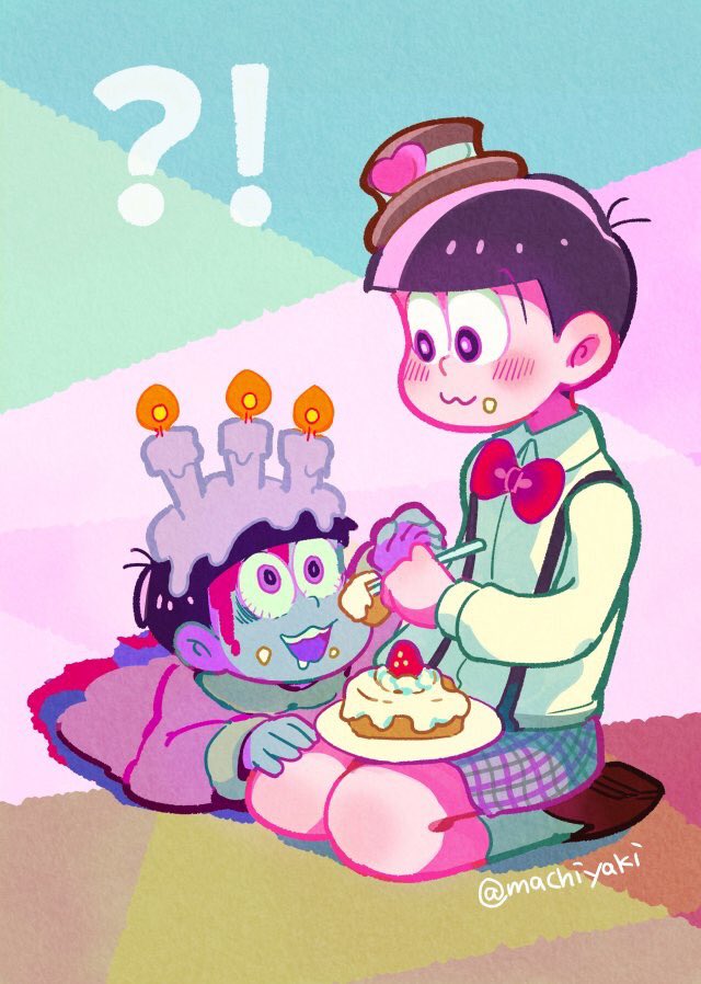 !? 2boys :3 alternate_costume black_hair bloodshot_eyes blue_skin blush bowtie cake candle dress_shirt drooling dual_persona feeding food food_on_face hat looking_at_another machiyaki matsuno_todomatsu mini_top_hat multicolored_background multiple_boys osomatsu-kun osomatsu-san pink_eyes santa_costume seiza shirt shorts sitting suspenders top_hat twitter_username zombie