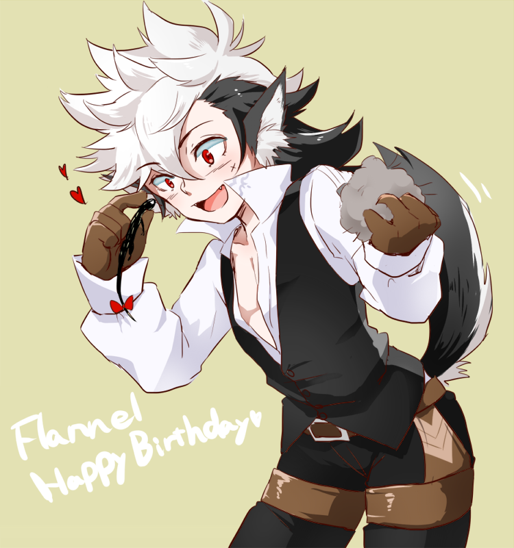 1boy animal_ears black_hair blush bow character_name fire_emblem fire_emblem_if flannel_(fire_emblem_if) gloves happy_birthday heart long_hair open_mouth pamm red_eyes scar simple_background solo tail white_hair wolf_ears wolf_tail