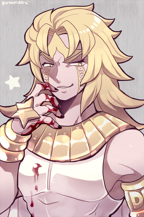 1boy armband blonde_hair blood bloody_clothes bloody_hands dio_brando heaven_ascended_dio jojo_no_kimyou_na_bouken jojo_no_kimyou_na_bouken:_eyes_of_heaven kotorai long_hair male_focus smile solo star upper_body wrist_cuffs yellow_eyes