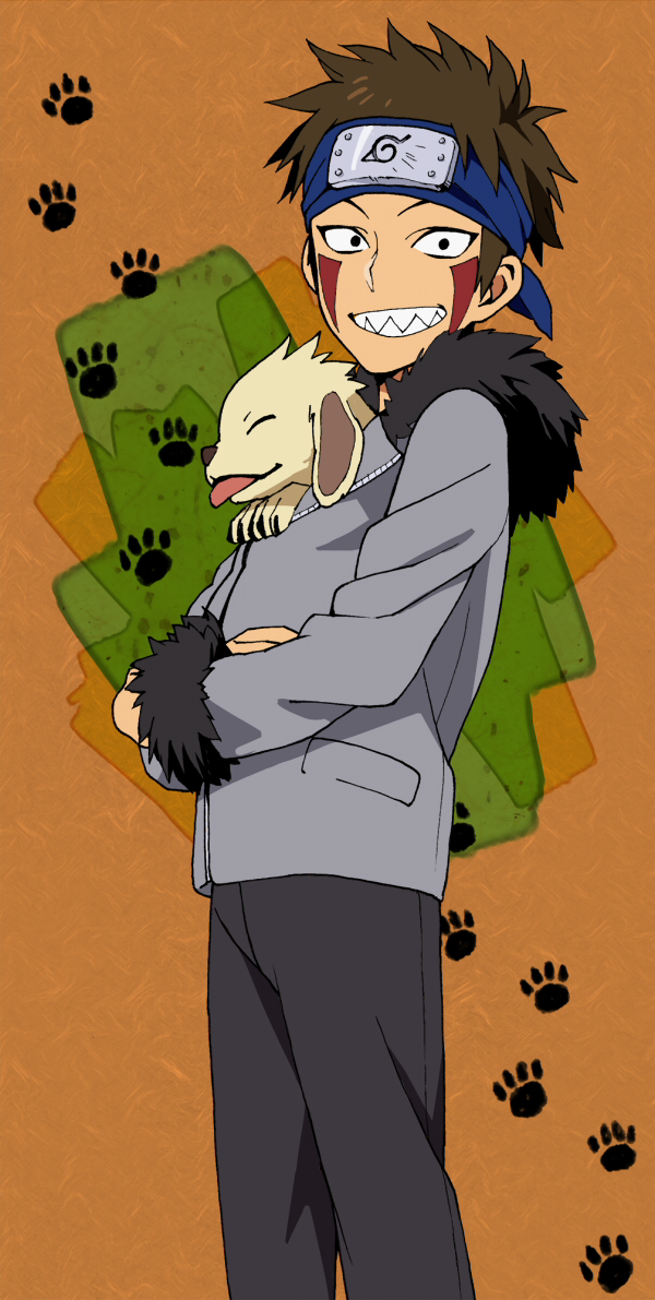 1boy akamaru_(naruto) dog facepaint forehead_protector hoodie inuzuka_kiba looking_at_viewer male_focus mosako multiple_boys naruto paw_print sharp_teeth short_hair