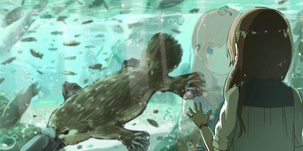 1girl against_glass animal aquarium blue_eyes brown_hair bubble fish lens_flare long_hair original platypus reflection sakeharasu scenery solo watch watch water