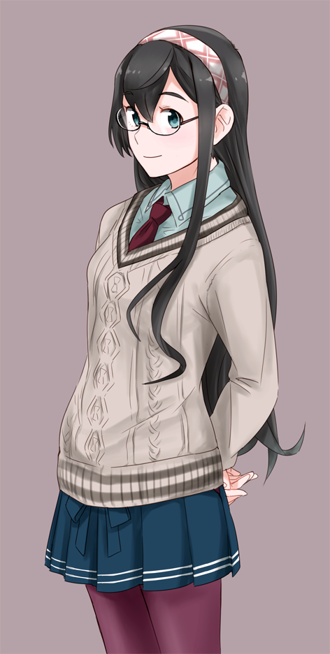 1girl black_hair blue_eyes glasses hairband kantai_collection long_hair necktie ojipon ooyodo_(kantai_collection) school_uniform skirt smile solo sweater