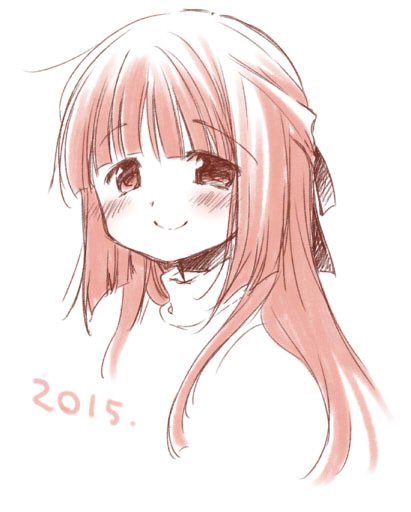 aoki_ume bangs hidamari_sketch hime_cut long_hair looking_at_viewer sketch smile tareme turtleneck year yoshinoya