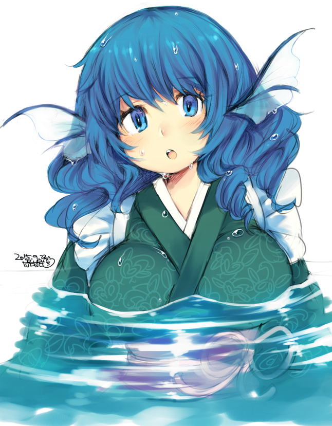 1girl blue_eyes blue_hair blush breasts dated head_fins iroyopon japanese_clothes kimono large_breasts long_sleeves looking_at_viewer obi open_mouth partially_submerged sash short_hair signature simple_background solo touhou upper_body wakasagihime water water_droplets wet white_background