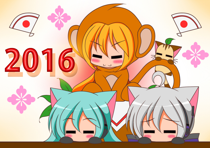 2016 3girls akita_neru animal_costume aqua_hair blonde_hair cat chibi hatsune_miku long_hair monkey_costume multiple_girls side_ponytail silver_hair suzunonaruki vocaloid yowane_haku