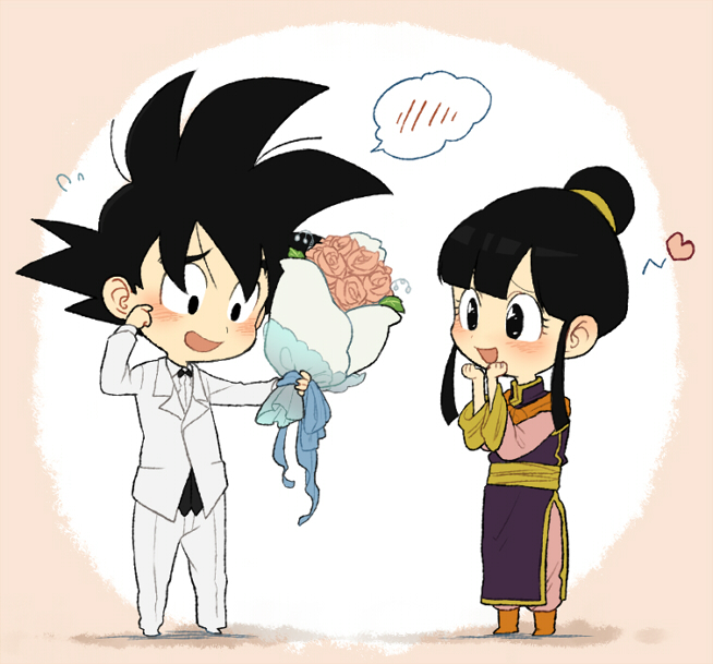 1boy 1girl black_eyes black_hair blush bouquet chi-chi_(dragon_ball) chibi chinese_clothes dragon_ball dragon_ball_z flower hair_bun heart holding husband_and_wife necktie open_mouth petagon rose smile son_gokuu tuxedo twintails