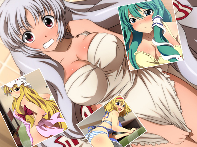 4girls alice_margatroid apron apron_pull ass bangs bent_over big_hair blonde_hair blue_eyes bow breasts chair cleavage clenched_teeth covered_nipples embarrassed from_behind from_side fujiwara_no_mokou hair_bow hair_tubes hairband hand_up hands_on_hips hat kochiya_sanae long_hair looking_at_viewer mob_cap multiple_girls naked_apron nearly_naked_apron open_mouth panties perspective photo_(object) red_eyes short_hair silver_hair snake_hair_ornament standing striped striped_panties table teeth thighs touhou underwear very_long_hair yadokari_genpachirou yakumo_yukari