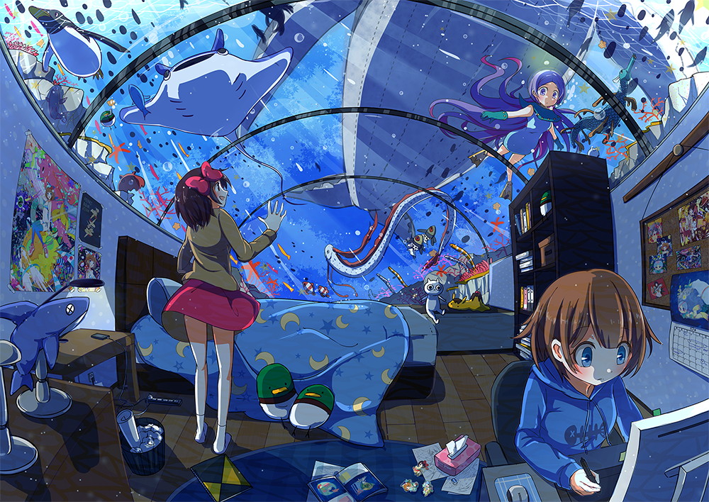 3girls aquarium bed bed_sheet bird blue_whale book bookshelf bow brown_hair bubble calendar_(object) commentary computer fish flippers floating_hair hair_bow hoodie indoors lamp long_hair manta_ray mousepad_(object) multiple_girls oarfish open_mouth original pen penguin poster_(object) purple_hair sakeharasu scenery seahorse shark short_hair sitting skirt smile stuffed_animal stuffed_cat stuffed_toy swimming tissue_box trash_can underwater water whale wooden_floor