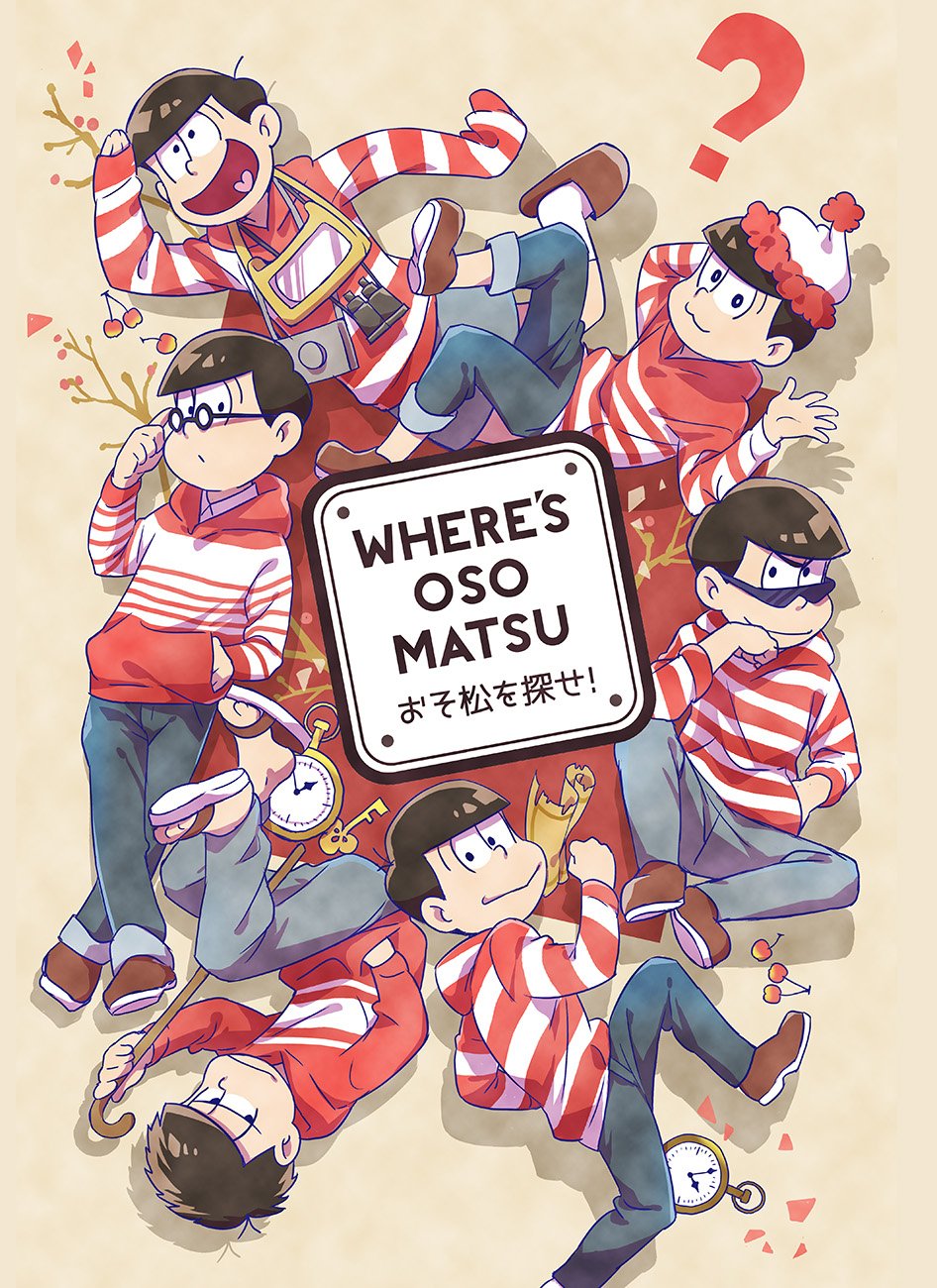 6+boys :&gt; :3 ? beanie bespectacled binoculars branch brothers brown_hair camera cane cherry chin_rest clock denim floating food fruit glasses hand_in_pocket hat heart heart_in_mouth highres hoodie izumi_(milkywhite2) jeans jitome key male_focus map matsuno_choromatsu matsuno_ichimatsu matsuno_juushimatsu matsuno_karamatsu matsuno_osomatsu matsuno_todomatsu messy_hair multiple_boys osomatsu-kun osomatsu-san pants sandals shirt shorts siblings simple_background sitting sleeves_past_wrists slippers smile striped striped_shirt sunglasses tan_background title_parody viewfinder wally_(cosplay) where's_wally