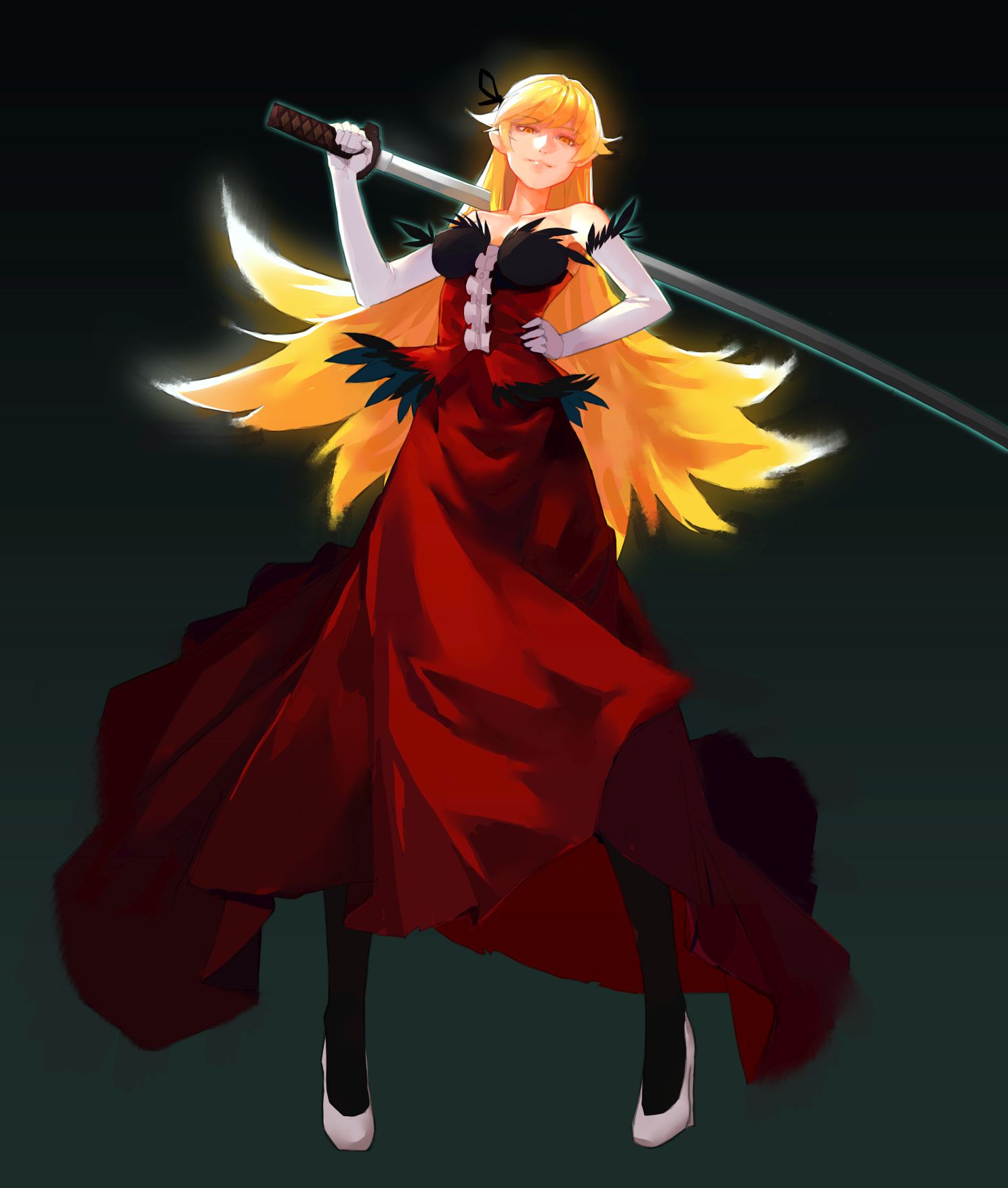 1girl bare_shoulders black_background black_legwear blonde_hair breasts carrying_over_shoulder center_frills dafei dress feathers full_body gloves hair_ribbon hand_on_hip high_heels highres kiss-shot_acerola-orion_heart-under-blade kizumonogatari legs_apart light_smile long_hair looking_at_viewer monogatari_(series) over_shoulder pantyhose red_dress ribbon shoes solo strapless sword sword_over_shoulder very_long_hair weapon weapon_over_shoulder white_gloves white_shoes yellow_eyes