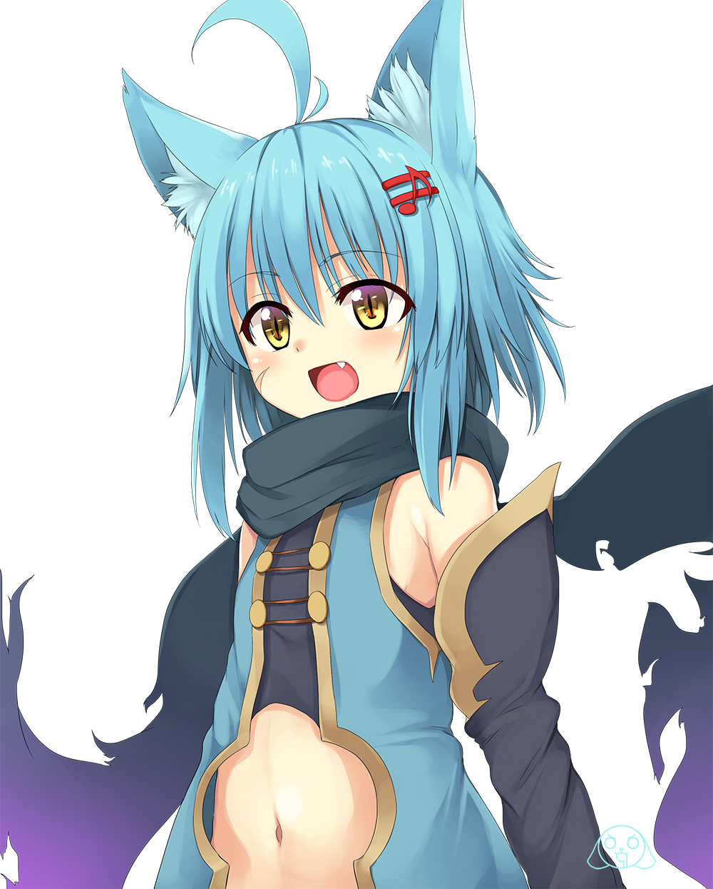 1girl animal_ears blue_hair fang hair_ornament highres mahcdai musical_note navel original planol_note scar simple_background smile solo white_background yellow_eyes